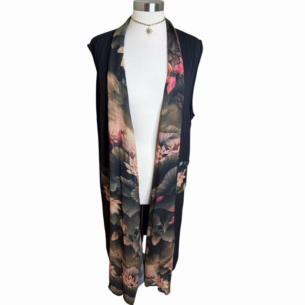 The Pyramid Collection Floral Duster Vest 1X Black Lotus Whimsigoth Kimono Long⁠